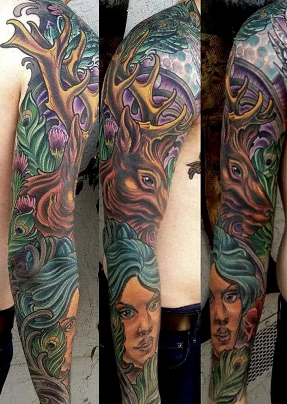 Neo Traditional stag woman peacock sleeve tattoo by Terry Ribera, San Diego