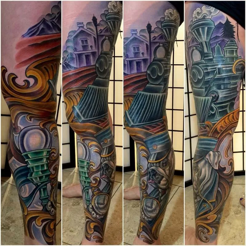 Neo Traditional steam train pug leg sleeve tattoo by Terry Ribera, San Diego
