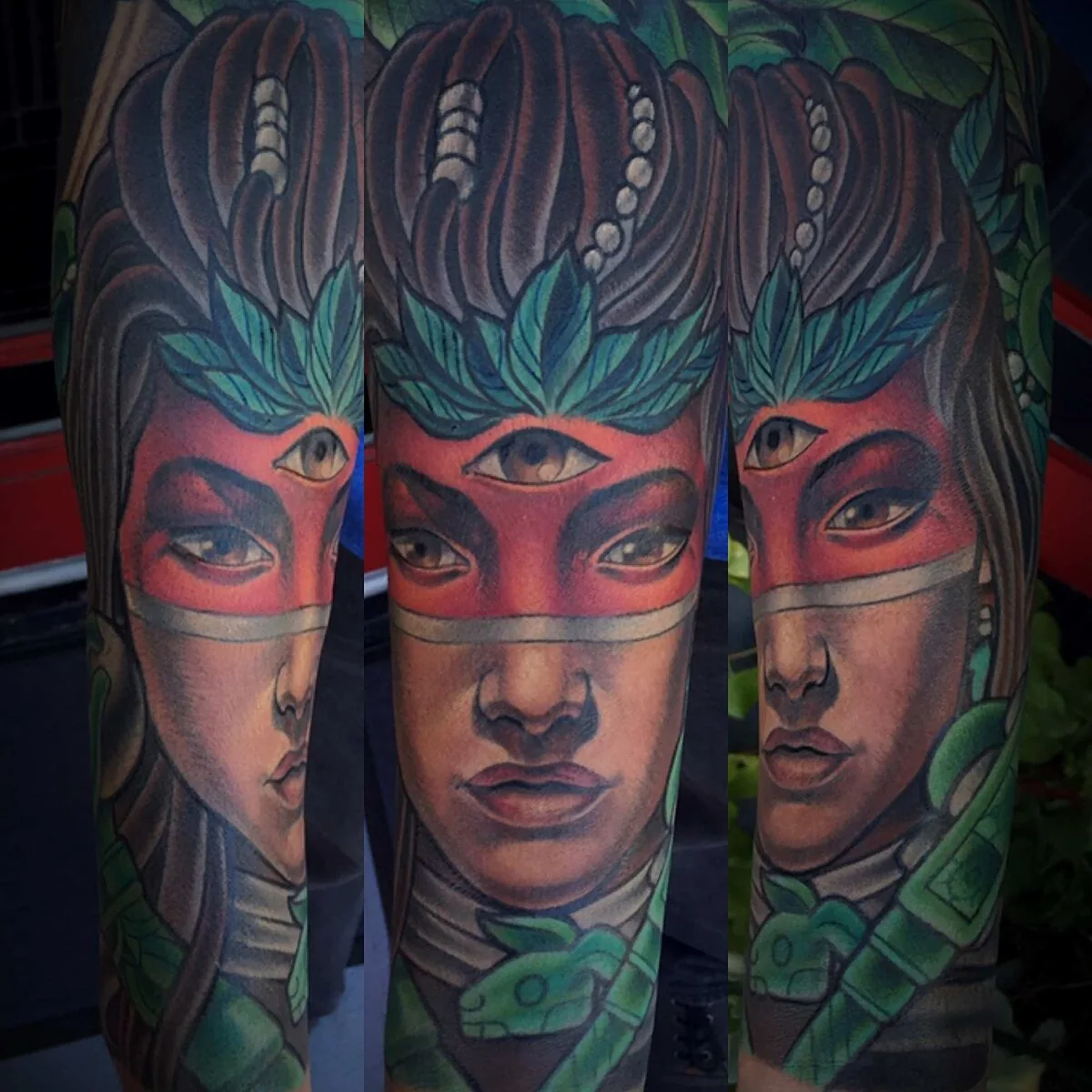 Neo Traditional third eye goddess sleeve tattoo by Terry Ribera, San Diego