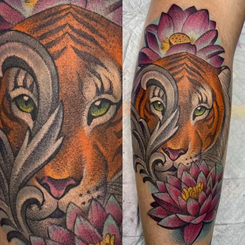 Neo Traditional tiger lotus flower tattoo by Terry Ribera, San Diego