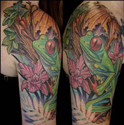 Neo Traditional tree frog orchid half sleeve tattoo by Terry Ribera, San Diego