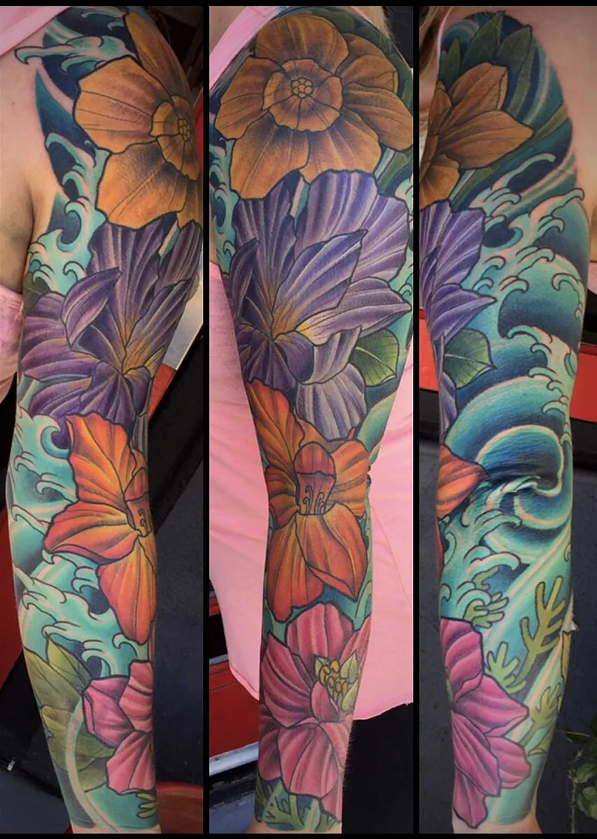 Neo Traditional tropical flowers sleeve tattoo by Terry Ribera, San Diego