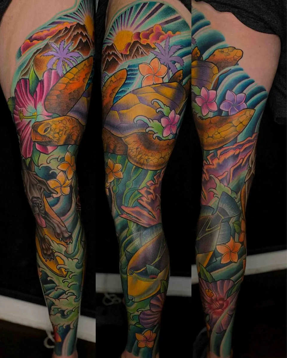 Neo Traditional tropical sea turtle leg sleeve tattoo by Terry Ribera, San Diego