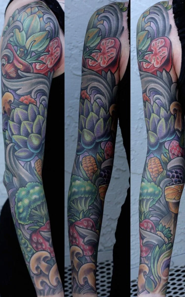 Neo Traditional vegetables fruits botanical sleeve tattoo by Terry Ribera, San Diego