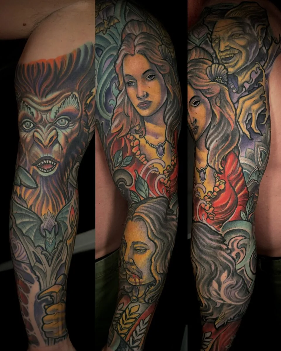 Neo Traditional werewolf woman portraits sleeve tattoo by Terry Ribera, San Diego