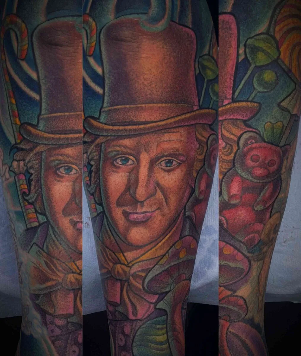 Neo Traditional Willy Wonka portrait sleeve tattoo by Terry Ribera, San Diego