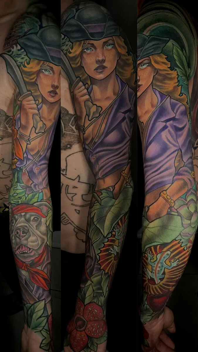 Neo Traditional woman pitbull nature sleeve tattoo by Terry Ribera, San Diego