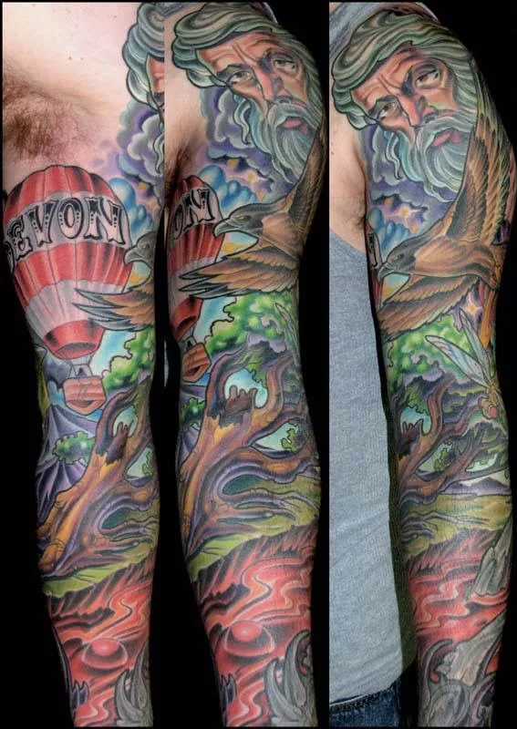 Neo Traditional Zeus eagle hot air balloon sleeve tattoo by Terry Ribera, San Diego
