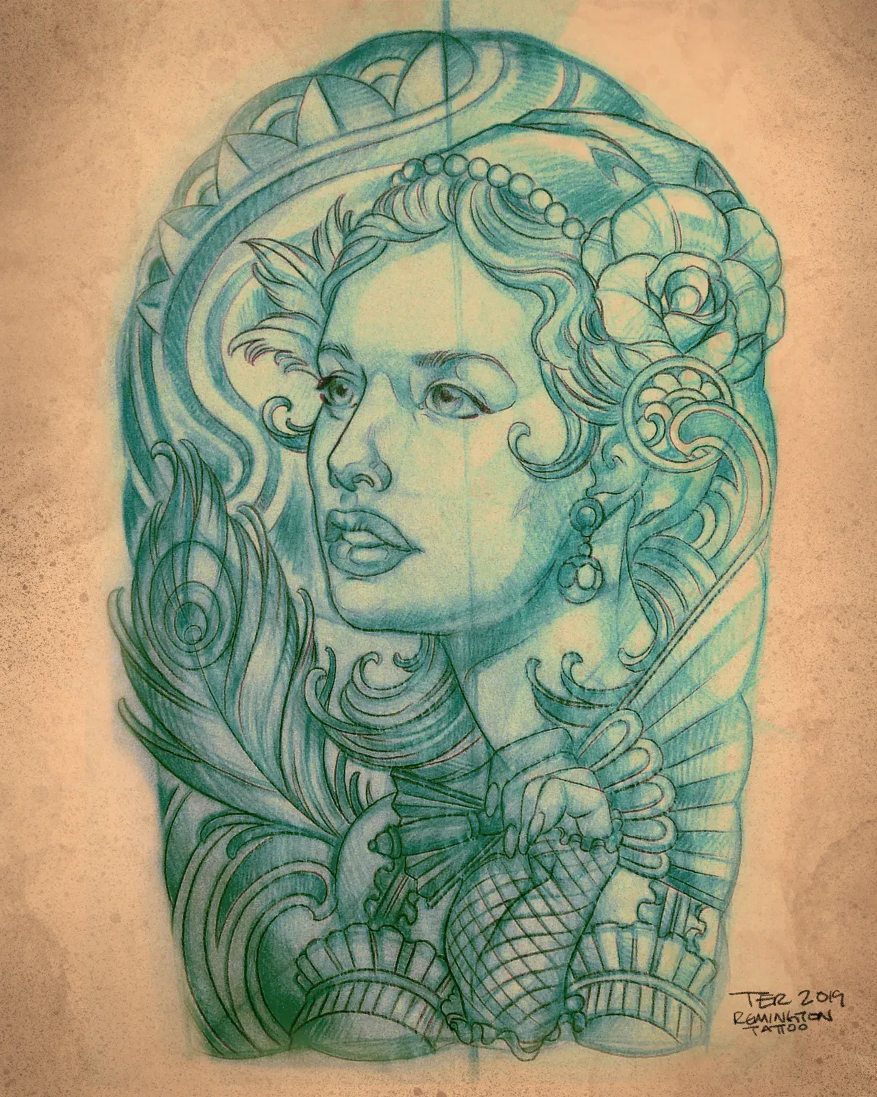 Illustrative woman portrait in green pencil by Terry Ribera, San Diego