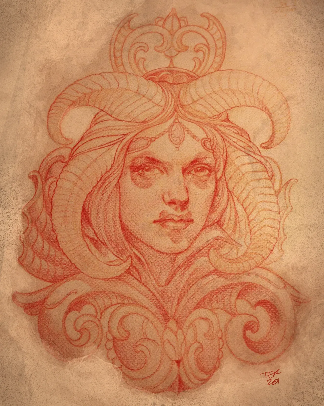Illustrative woman portrait in sepia pencil by Terry Ribera, San Diego