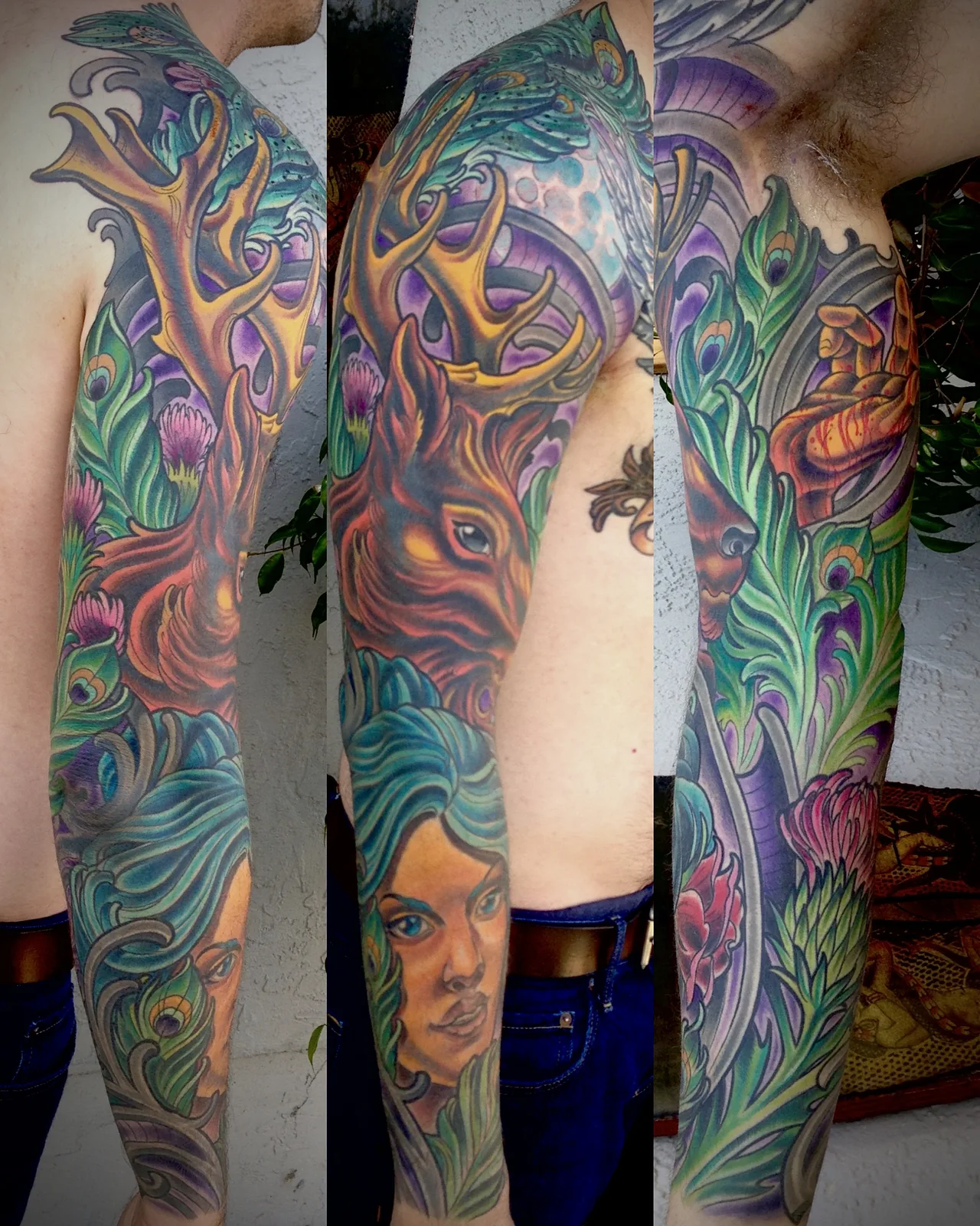 Color neo traditional Art Nouveau woman and elk sleeve by Terry Ribera, San Diego