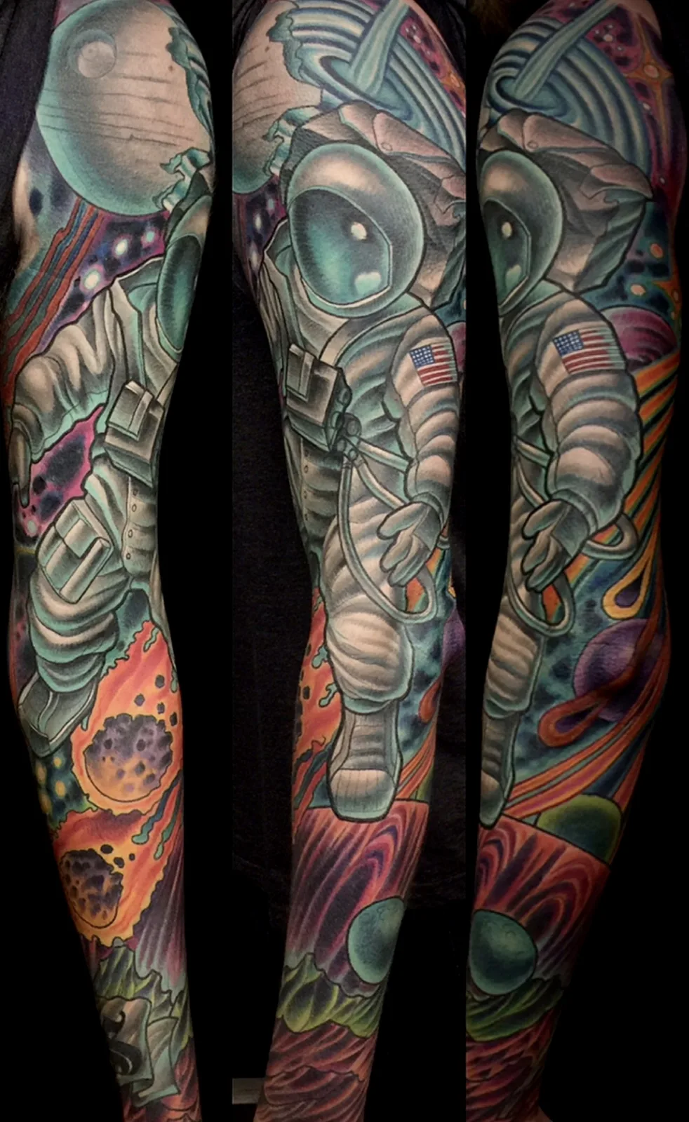 Color neo traditional astronaut and space sleeve by Terry Ribera, San Diego