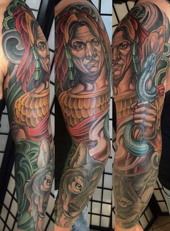 Color neo traditional Aztec warrior and wolf sleeve by Terry Ribera, San Diego