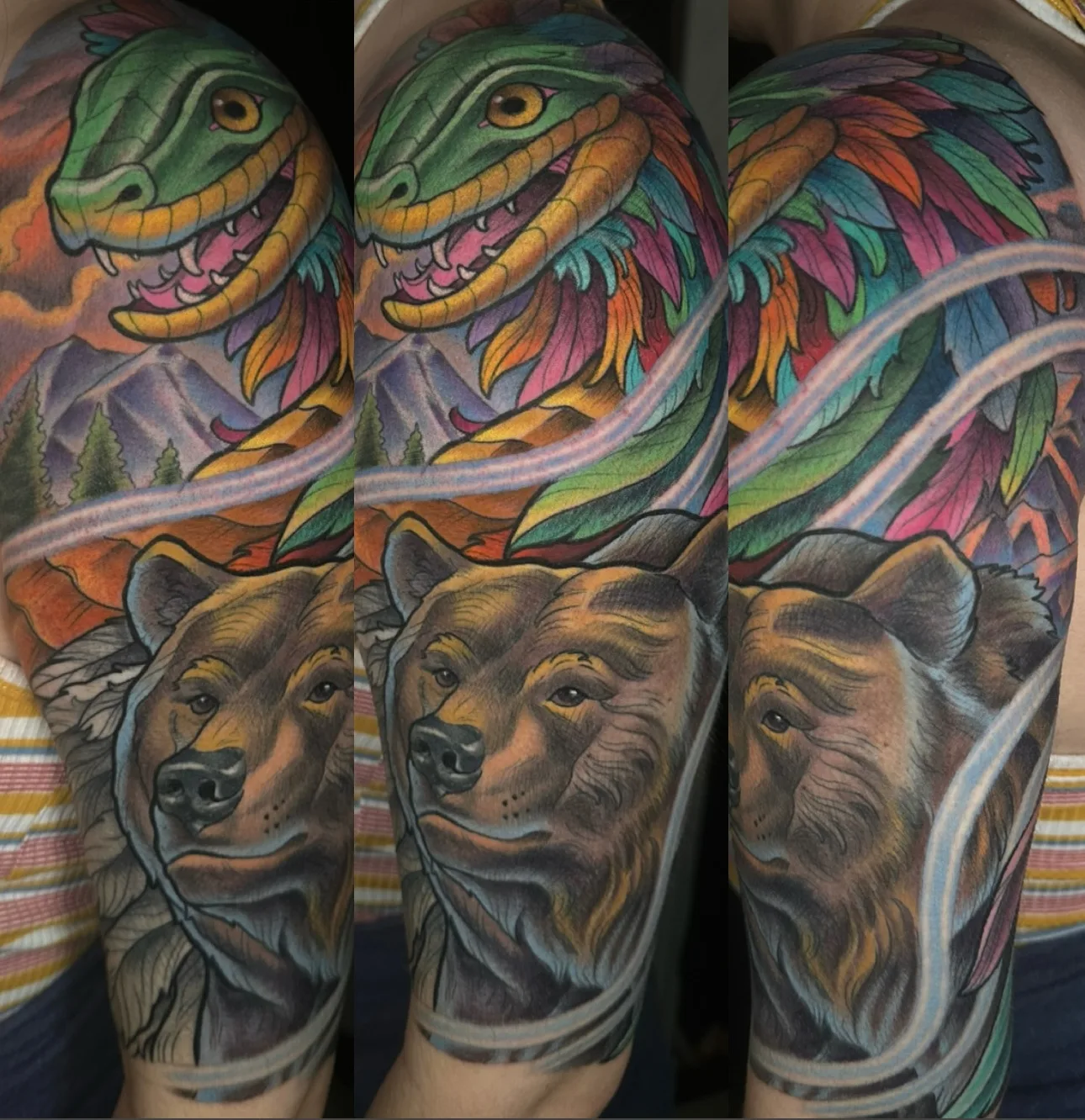 Color neo traditional bear and Quetzalcoatl feathered serpent half sleeve by Terry Ribera, San Diego