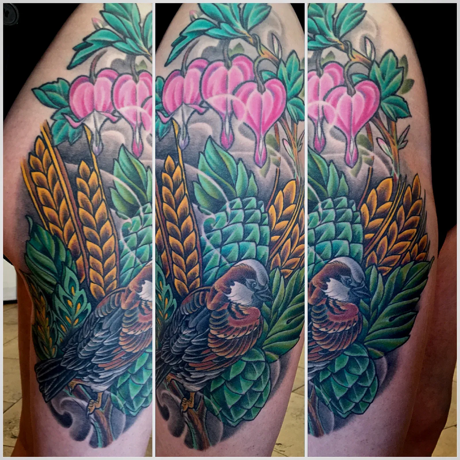 Color neo traditional bleeding heart botanical sleeve by Terry Ribera, San Diego