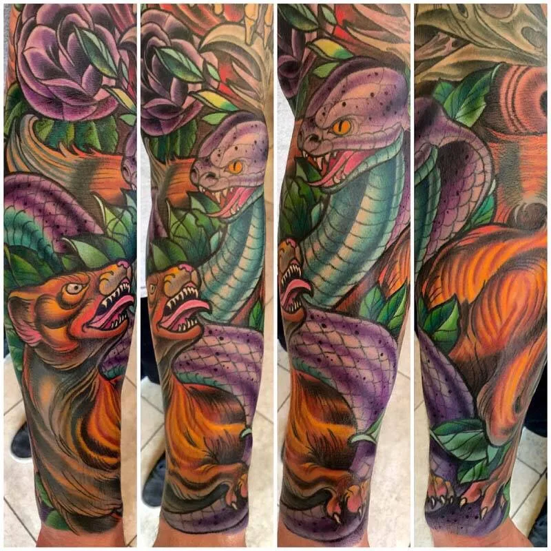 Color neo traditional cobra and snake sleeve by Terry Ribera, San Diego