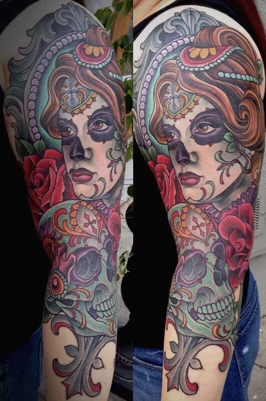 Color neo traditional Day of the Dead sleeve by Terry Ribera, San Diego