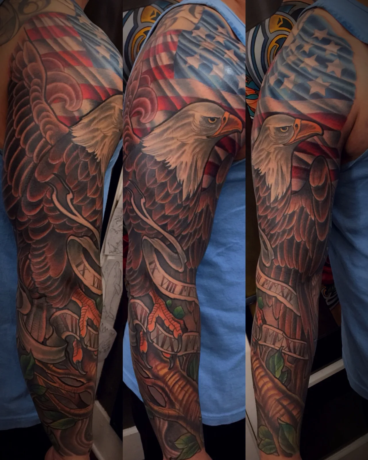 Color neo traditional bald eagle and American flag sleeve by Terry Ribera, San Diego