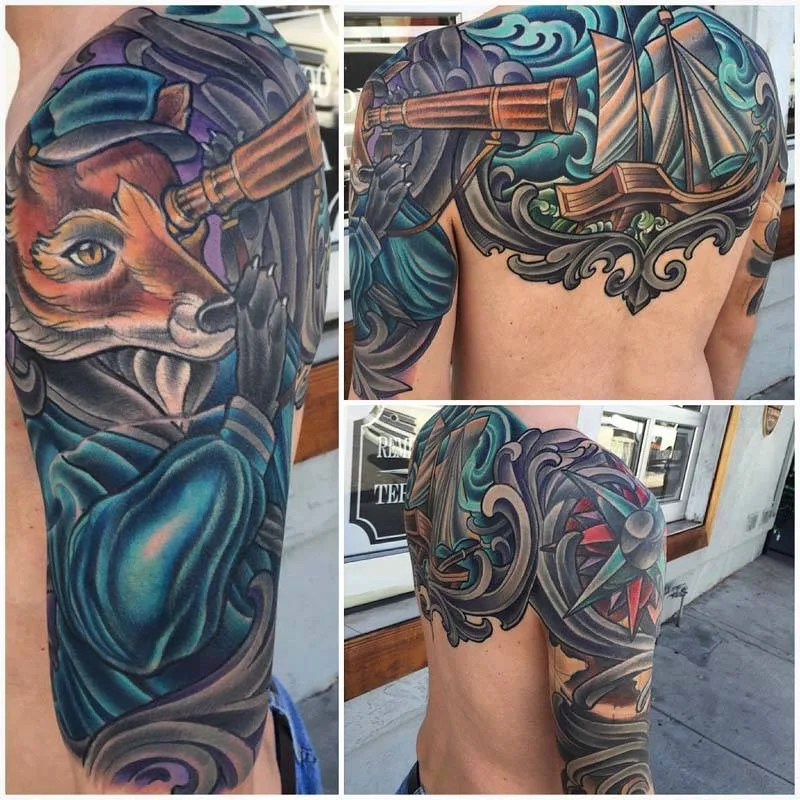 Color neo traditional fox sea captain sleeve with a ship and compass by Terry Ribera, San Diego