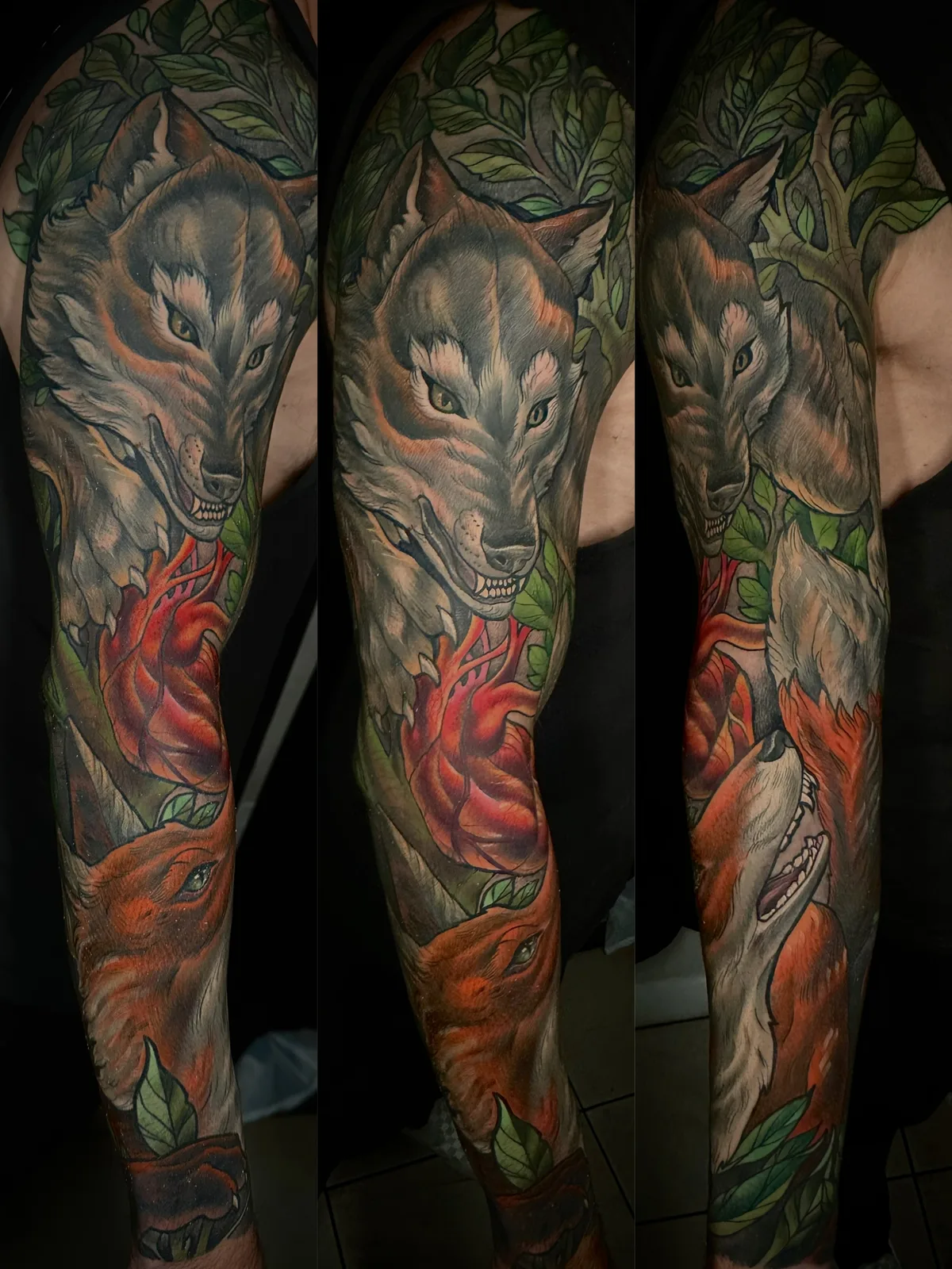 Color neo traditional fox and wolf sleeve by Terry Ribera, San Diego