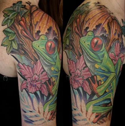 Color neo traditional frog and floral shoulder by Terry Ribera, San Diego