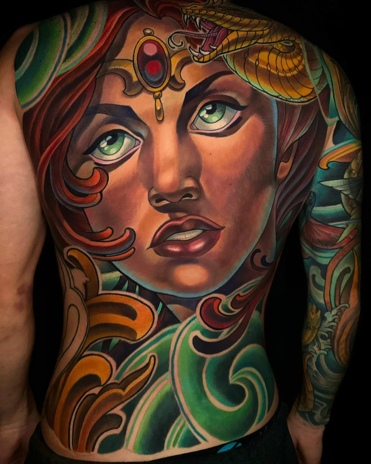 Color neo traditional goddess with a third eye and ornamental work by Terry Ribera, San Diego