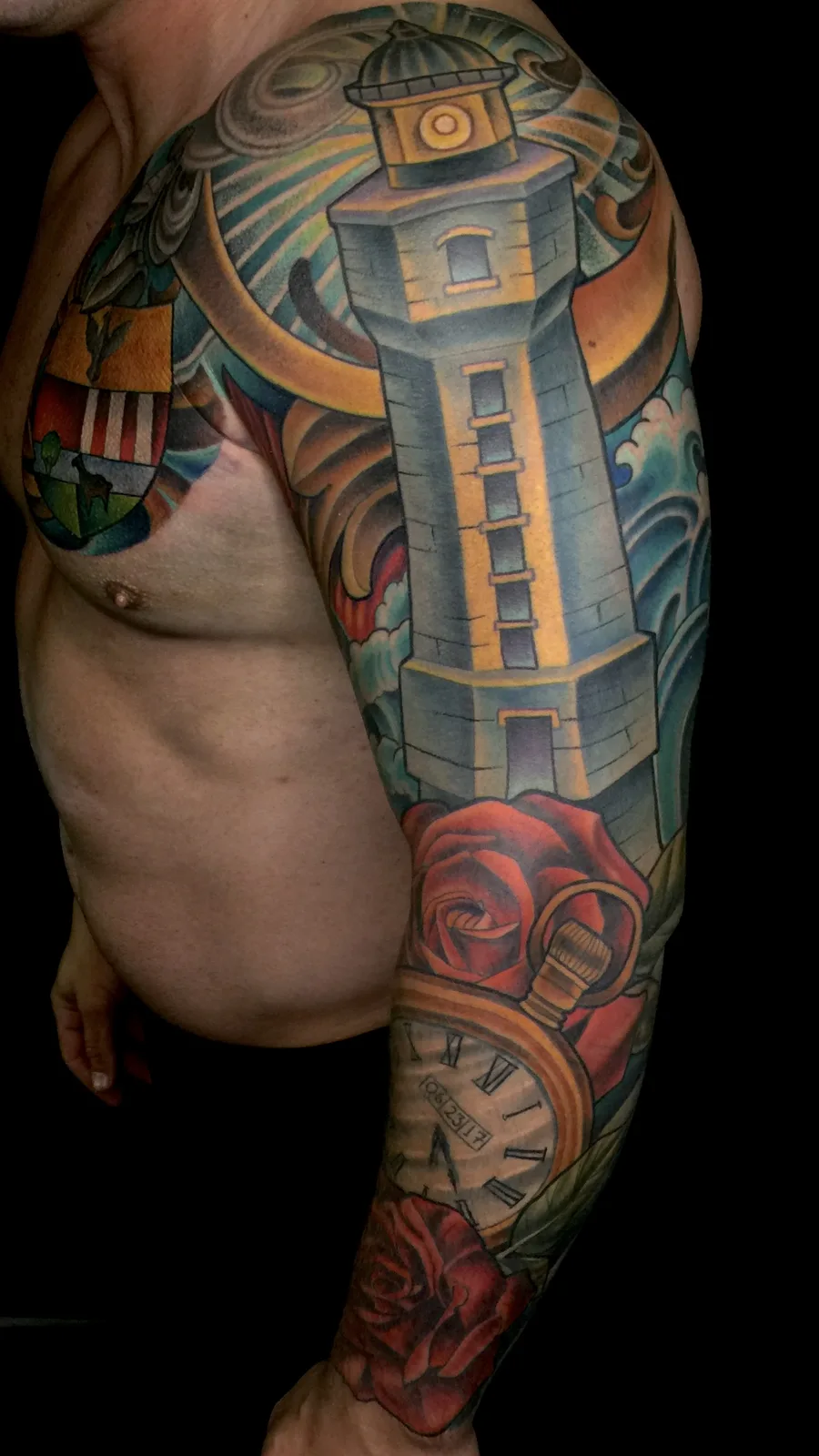 Color neo traditional lighthouse sleeve by Terry Ribera, San Diego