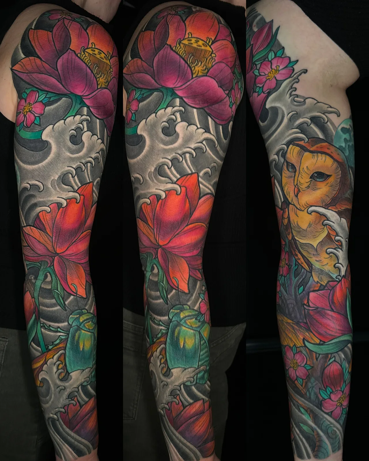 Color neo traditional lotus and owl sleeve with waves by Terry Ribera, San Diego