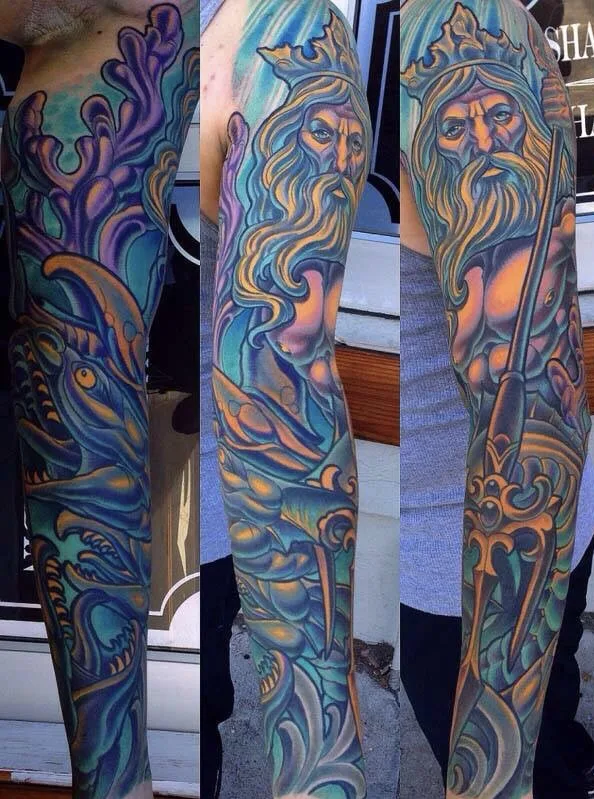 Color neo traditional Poseidon and hydra sleeve by Terry Ribera, San Diego