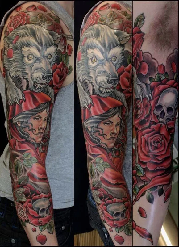 Color neo traditional Little Red Riding Hood and wolf sleeve by Terry Ribera, San Diego
