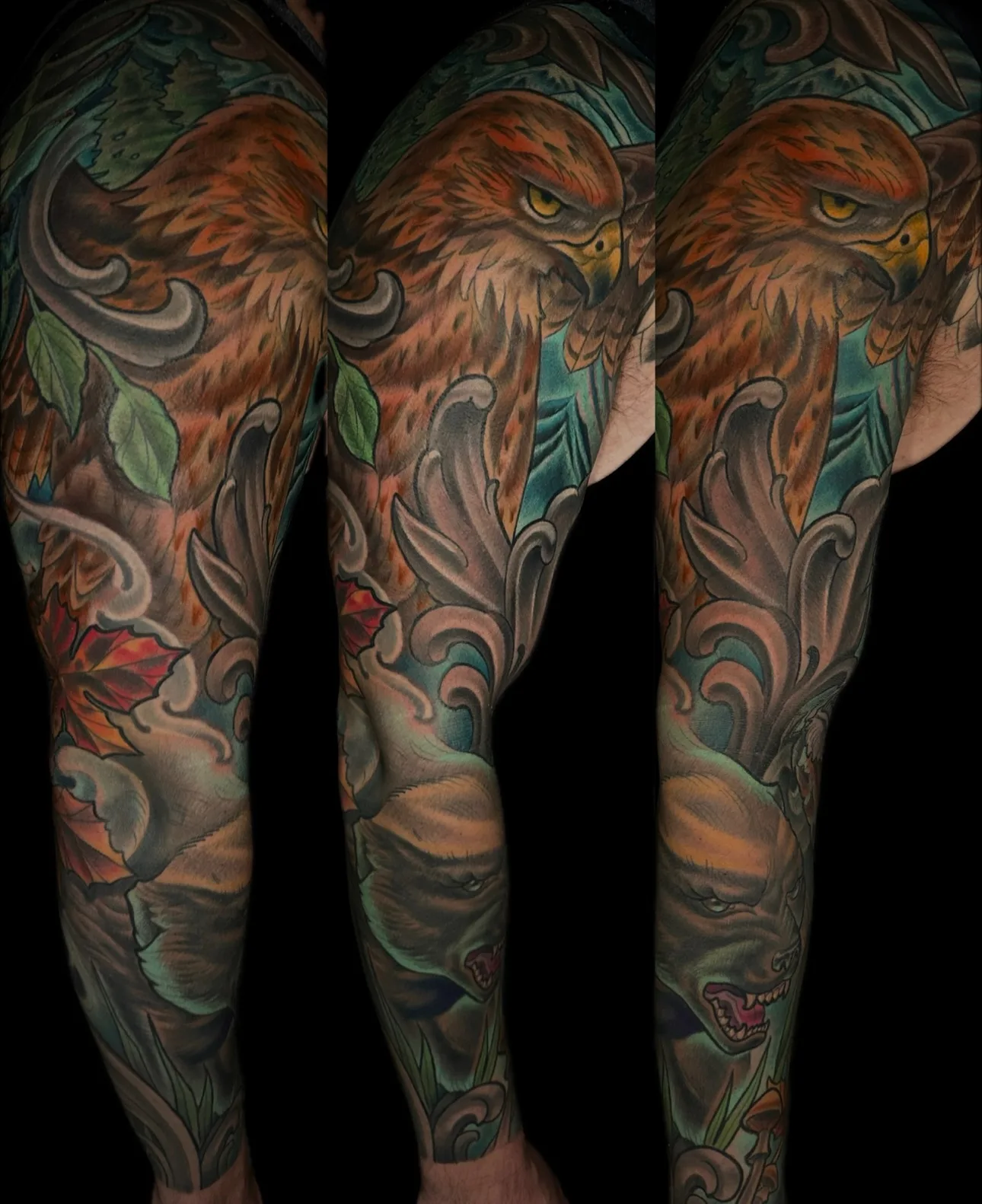 Color neo traditional red-tailed hawk and badger sleeve by Terry Ribera, San Diego
