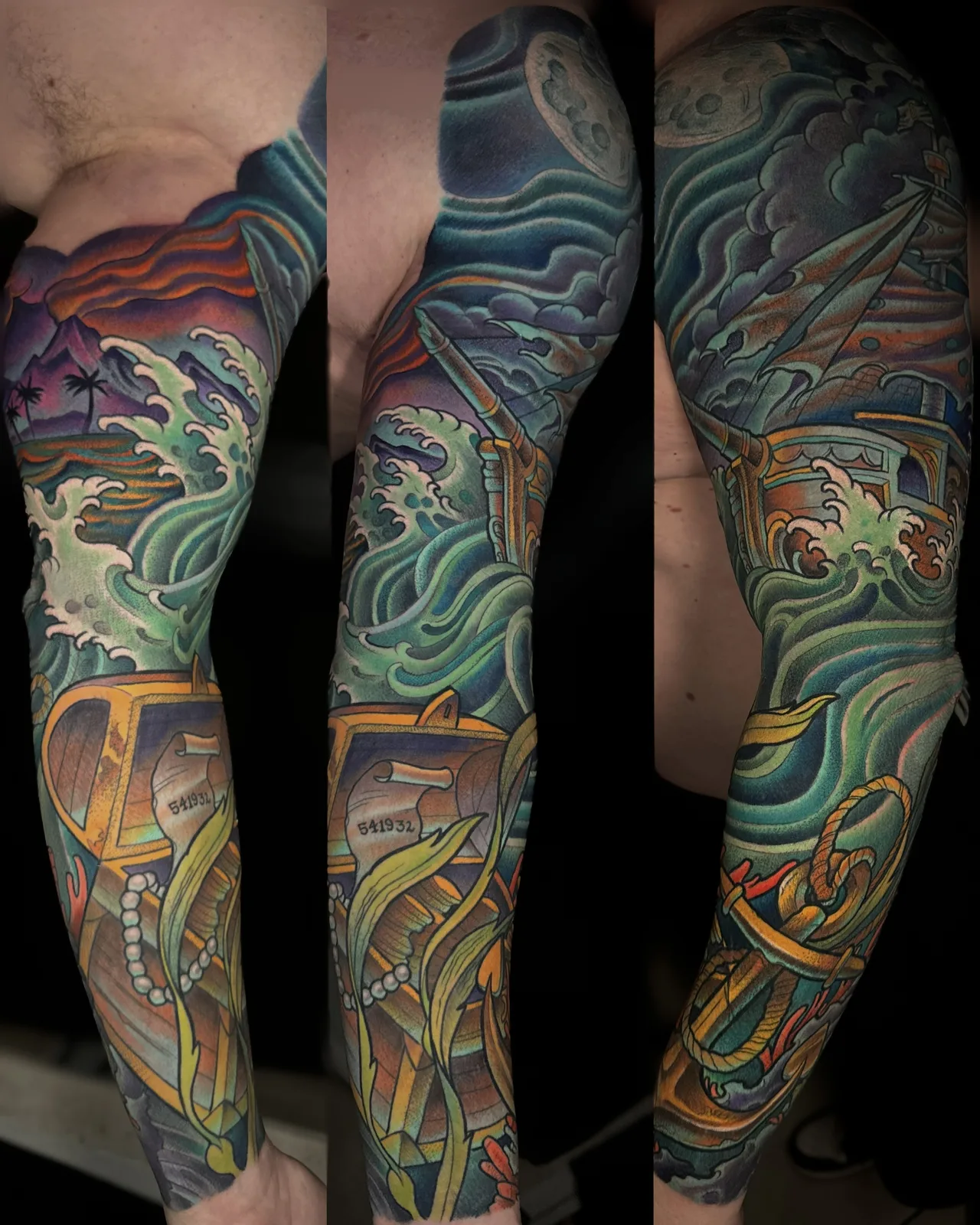 Color neo traditional sailing ship and treasure sleeve by Terry Ribera, San Diego