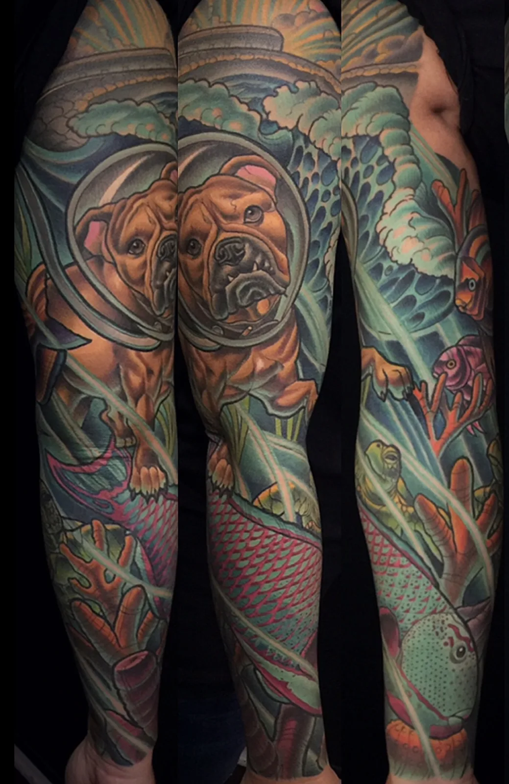 Color neo traditional scuba diving bulldog with fish sleeve by Terry Ribera, San Diego