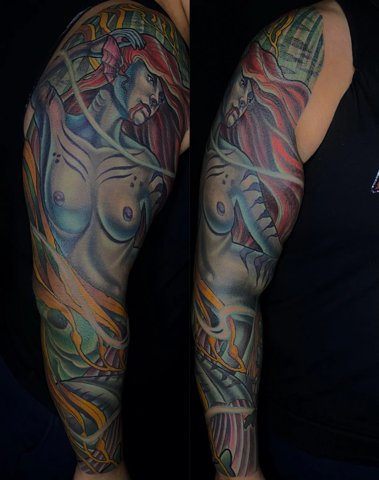 Color neo traditional siren sleeve by Terry Ribera, San Diego