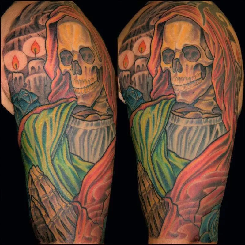 Color neo traditional skeletal Virgin Mary Day of the Dead half sleeve by Terry Ribera, San Diego