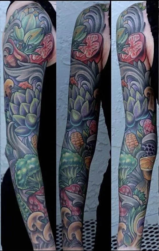 Color neo traditional vegetable and fruit sleeve by Terry Ribera, San Diego