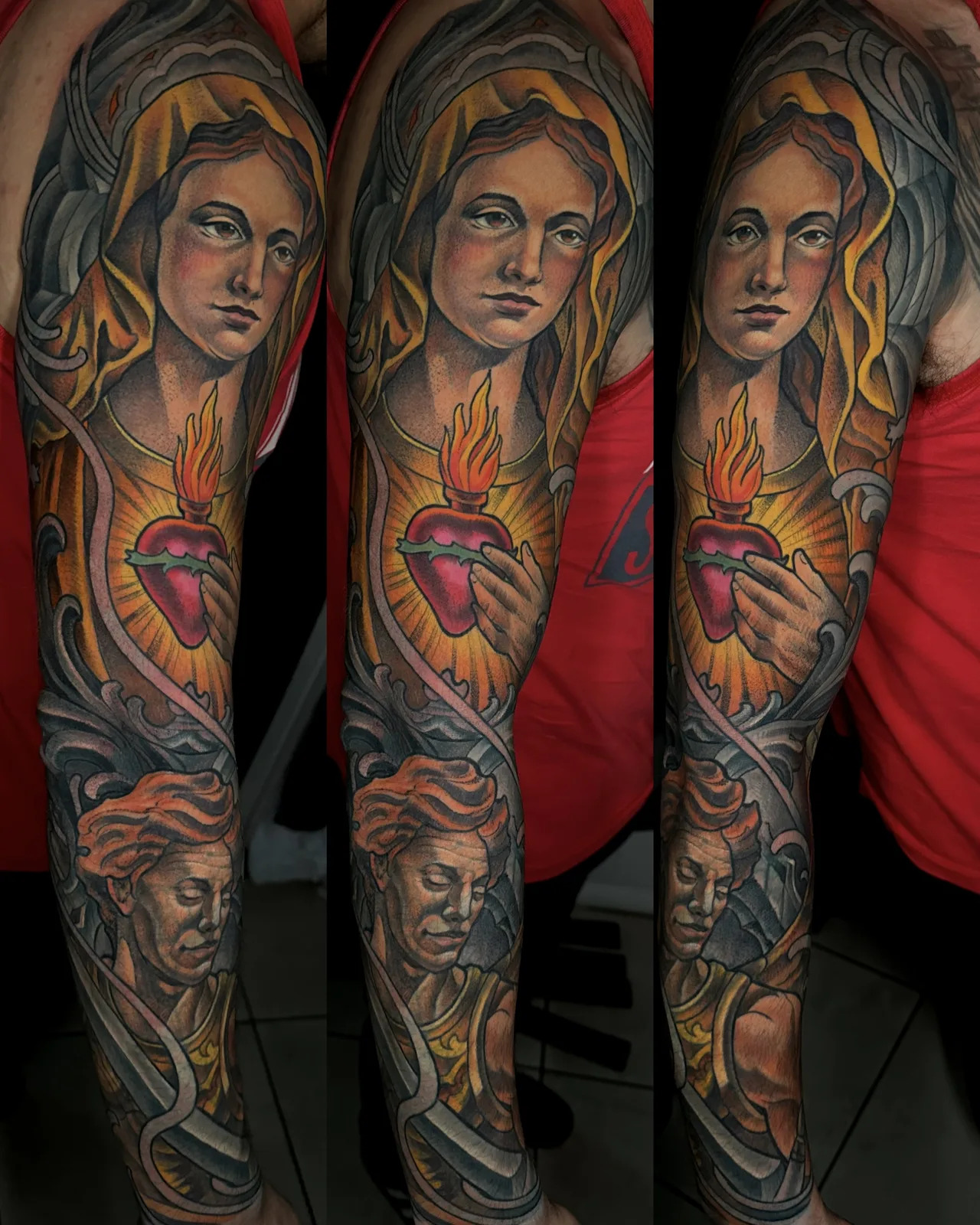 Color neo traditional Virgin Mary and angel sleeve with sacred heart by Terry Ribera, San Diego