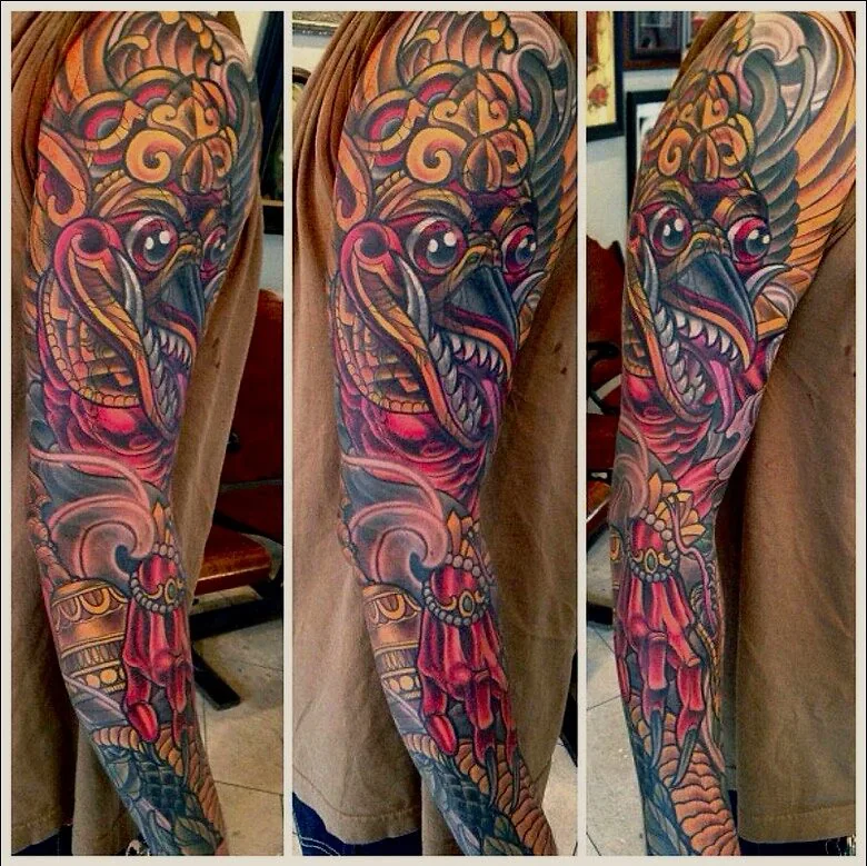 Neo Japanese barong demon red figure full sleeve tattoo by Terry Ribera, San Diego