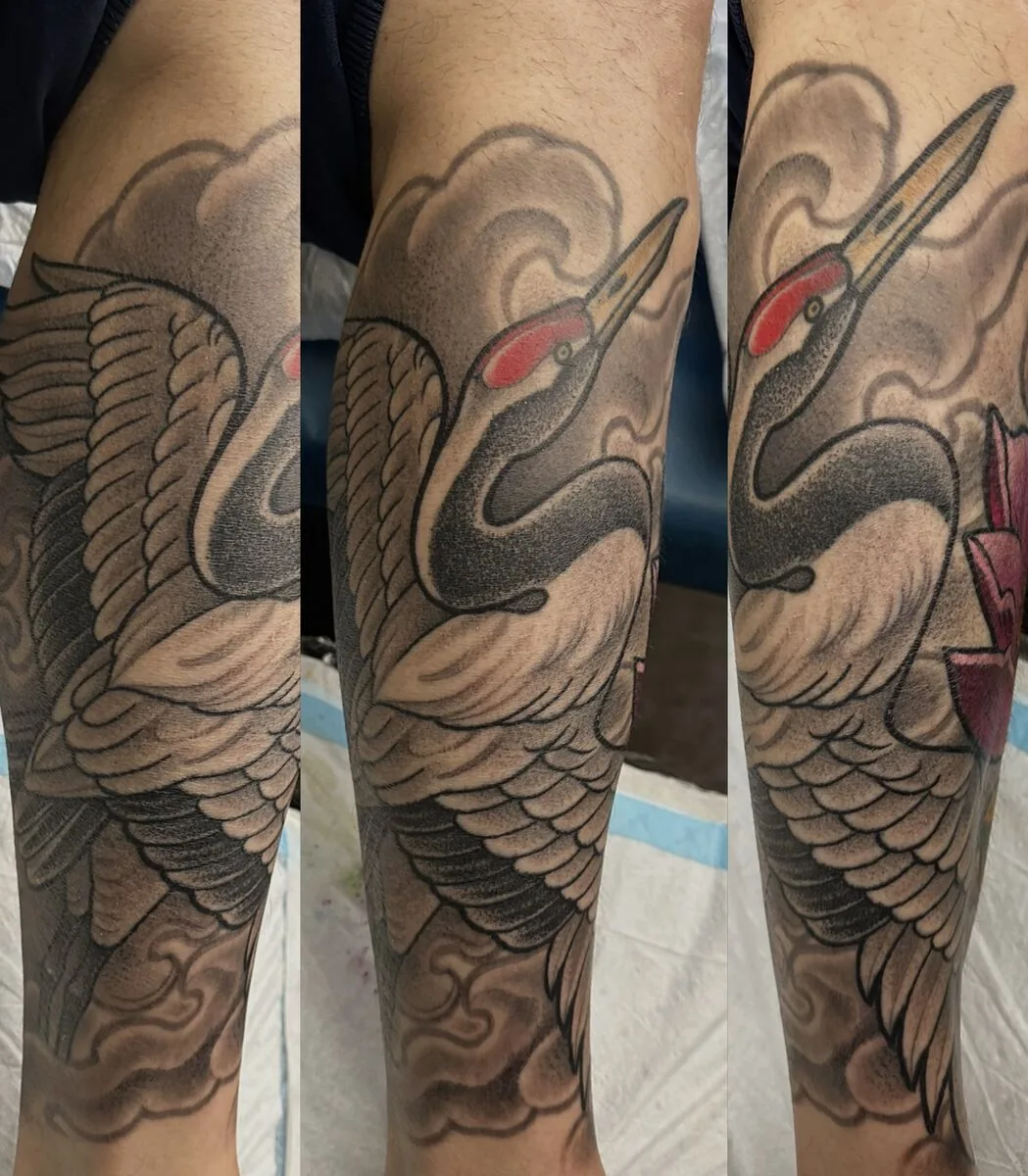 Neo Japanese crane black grey leg tattoo by Terry Ribera, San Diego
