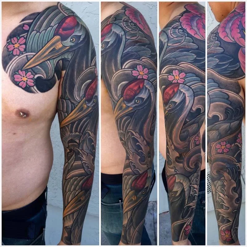 Neo Japanese crane cherry blossom full sleeve tattoo by Terry Ribera, San Diego