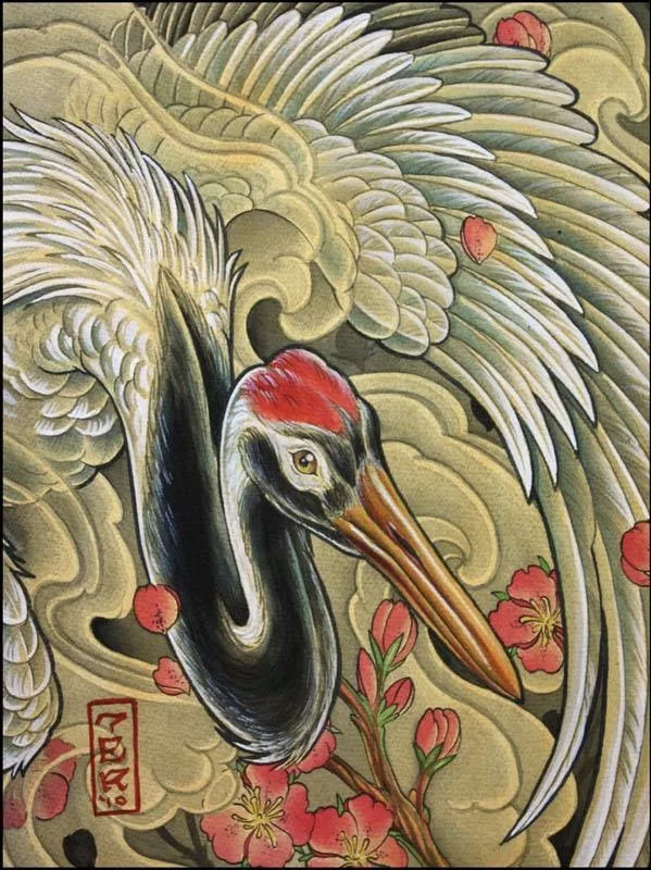 Neo Japanese crane waves cherry blossom painting by Terry Ribera