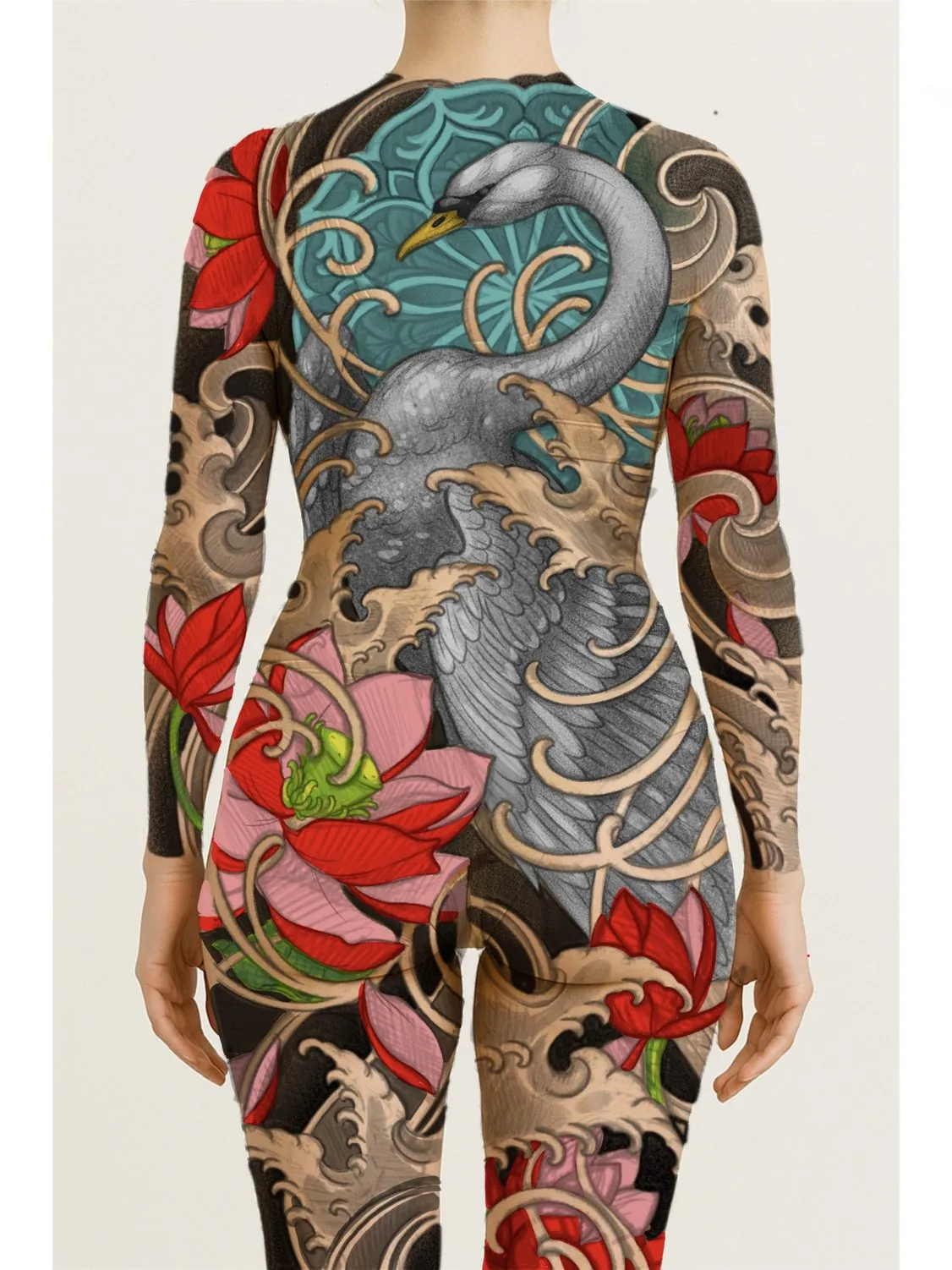 Neo Japanese crane waves lotus bodysuit design drawing by Terry Ribera