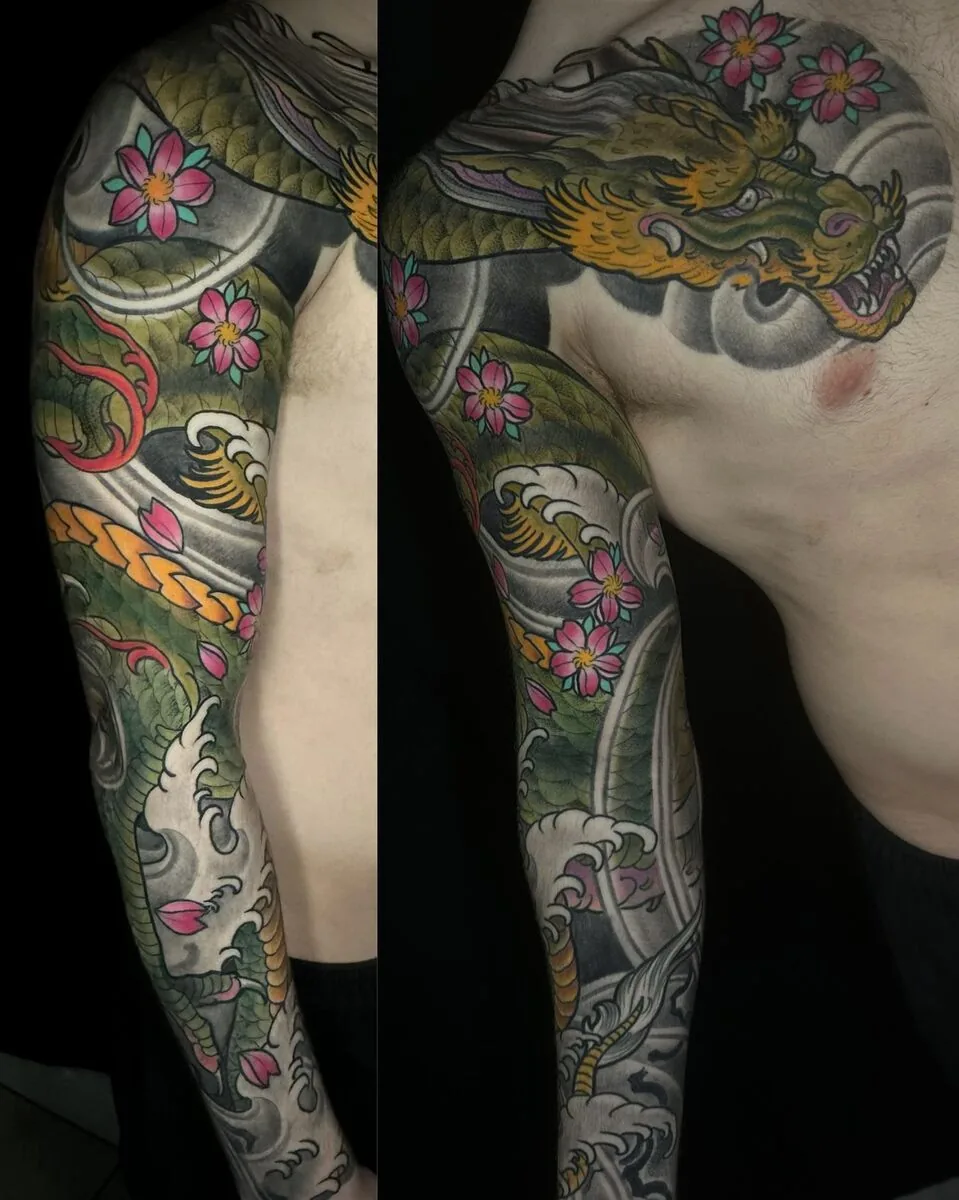 Neo Japanese dragon cherry blossom sleeve chest tattoo by Terry Ribera, San Diego