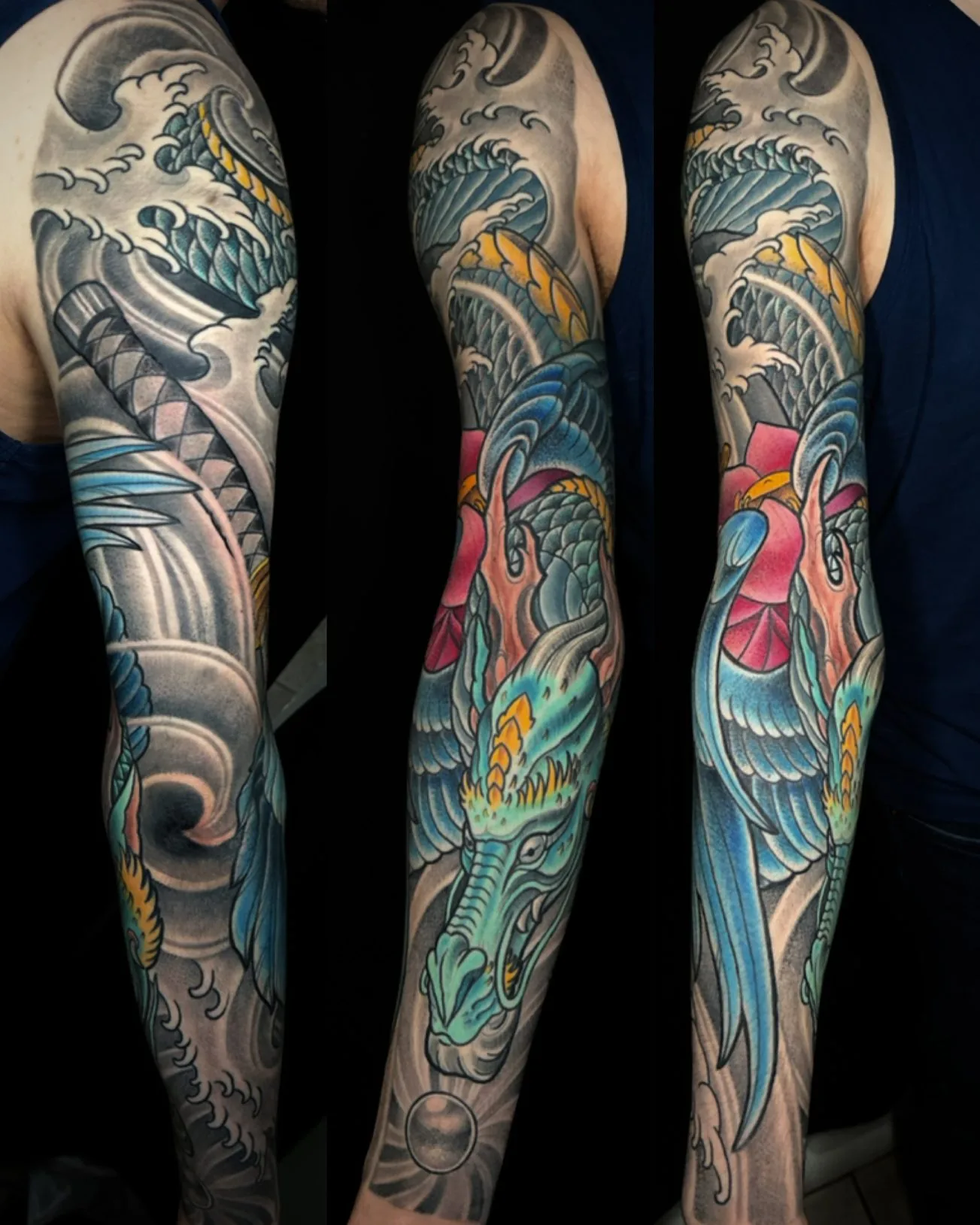 Neo Japanese dragon crane waves katana full sleeve tattoo by Terry Ribera, San Diego