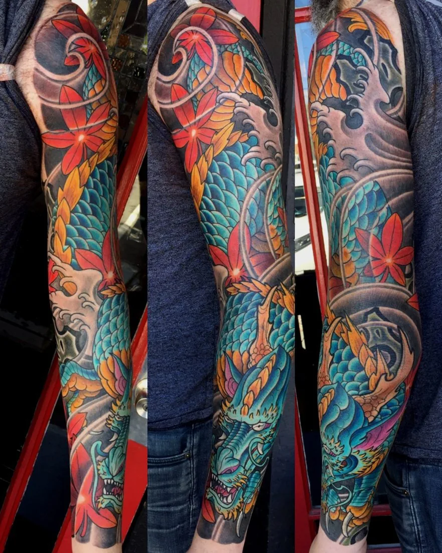 Neo Japanese dragon maple leaf full sleeve tattoo by Terry Ribera, San Diego