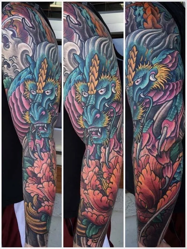 Neo Japanese dragon peony full sleeve tattoo by Terry Ribera, San Diego