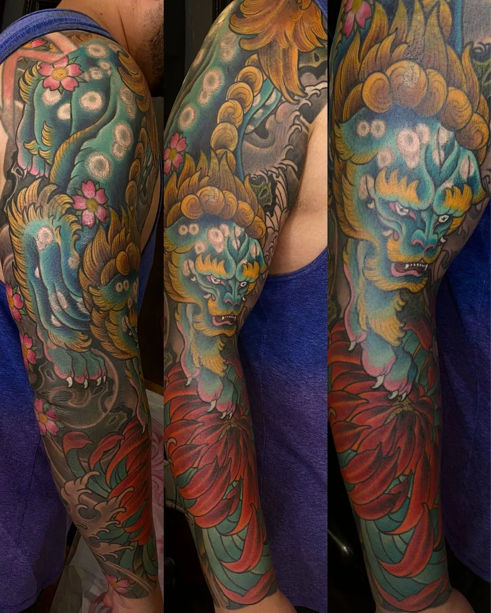 Neo Japanese foo dog cherry blossom chrysanthemum sleeve tattoo by Terry Ribera, San Diego