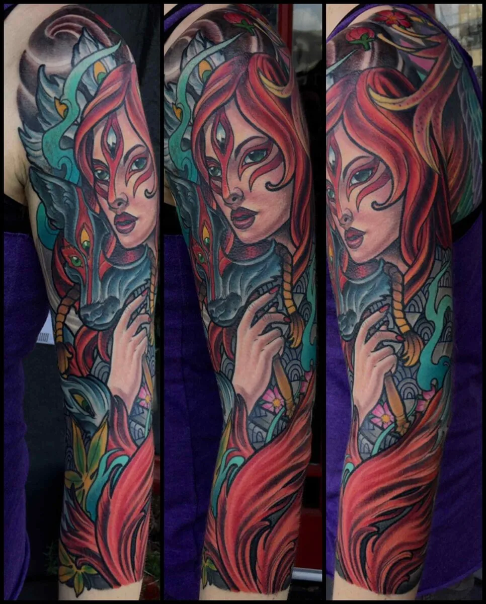 Neo Japanese geisha dragon sleeve tattoo by Terry Ribera, San Diego