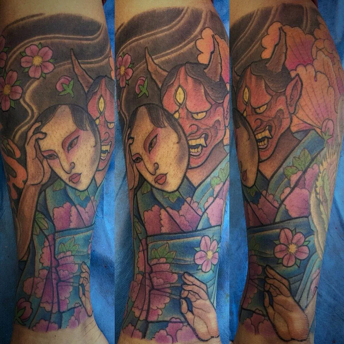 Neo Japanese geisha hannya demon half sleeve tattoo by Terry Ribera, San Diego