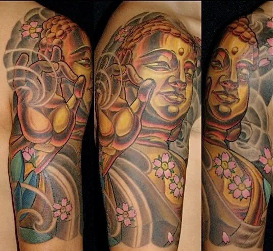 Neo Japanese gold Buddha cherry blossom half sleeve tattoo by Terry Ribera, San Diego